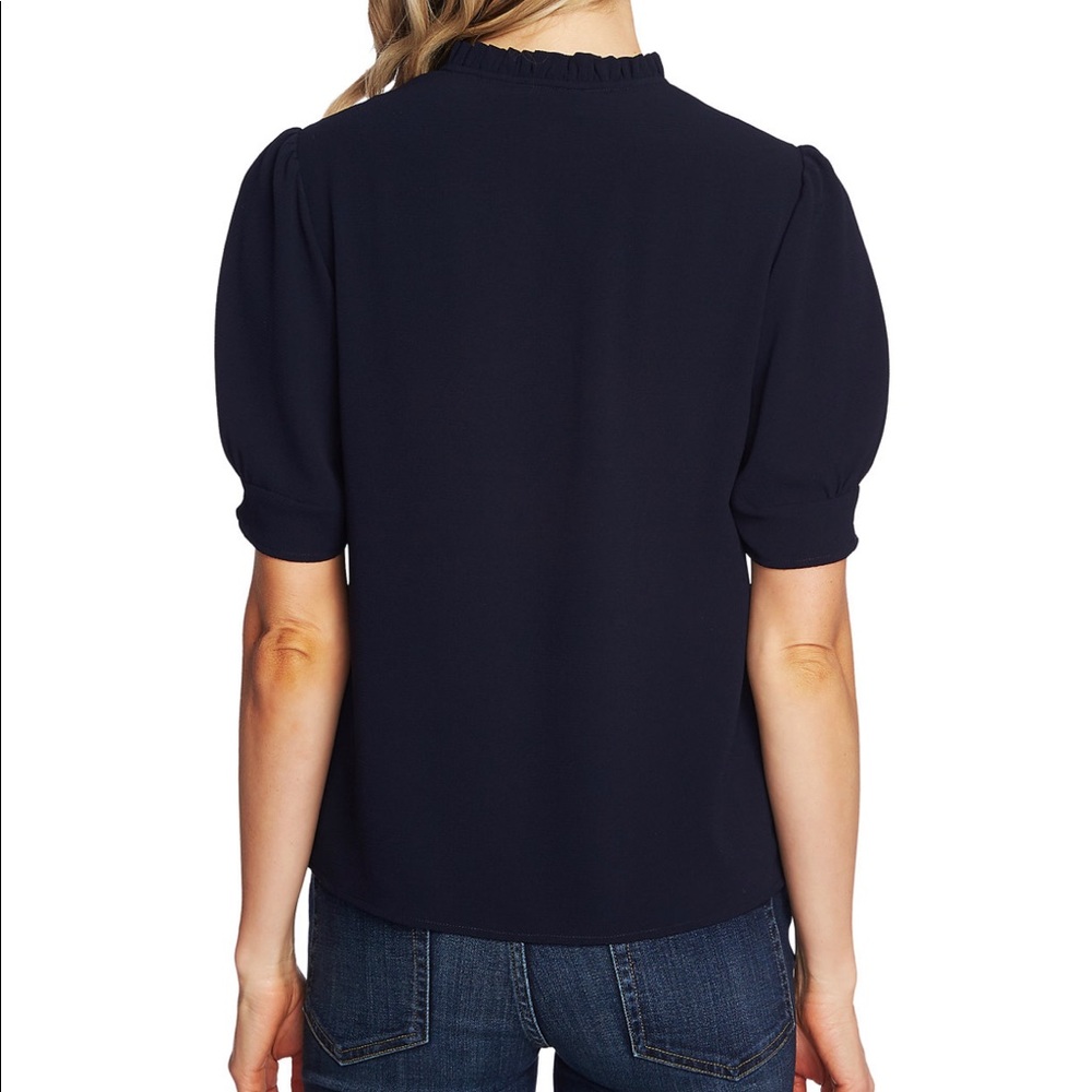 CeCe Navy Bow Tie Short Sleeve Blouse - Picture 3 of 3